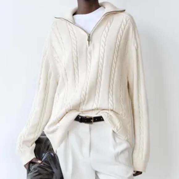ZARA Women’s Cream Cotton Cable-knit Polo Dad Sweater with Zip Collar | XL NWT - Picture 2 of 13